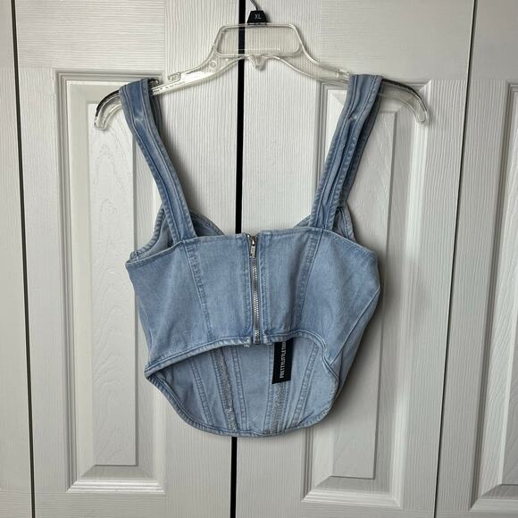 Pretty Little Thing Light Blue Wash Dip Hem Bust Cup Denim Corset 6 - Picture 4 of 9